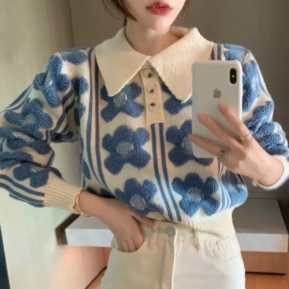 Knit sweater floral dark khaki collar womens top - Picture 2 of 10